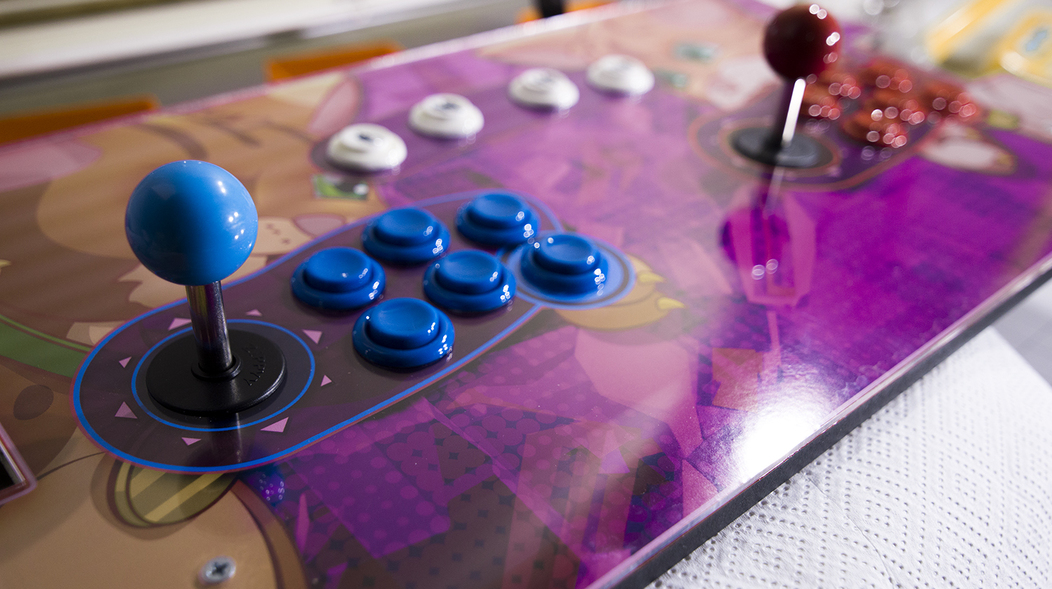 Arcade Cabinet Control Panel sticker with finished acrylic top and joystick buttons installed
