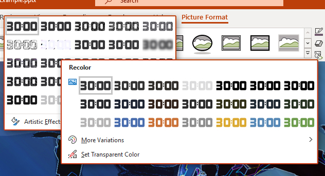 Microsoft PowerPoint picture effect menu ribbon and options